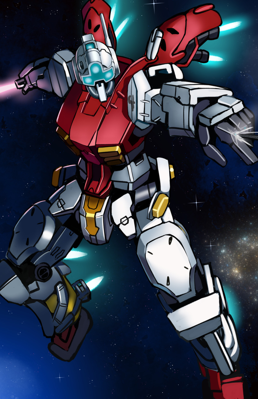 assault_visor blue_visor commentary_request energy_sword exhaust gelgoog gelgoog_(gquuuuuux) gundam gundam_gquuuuuux highres holding holding_sword holding_weapon mecha mecha_focus mobile_suit nebula no_humans outstretched_arms reibun_(raven1119) robot science_fiction solo space spread_arms star_(sky) sword thrusters weapon wire