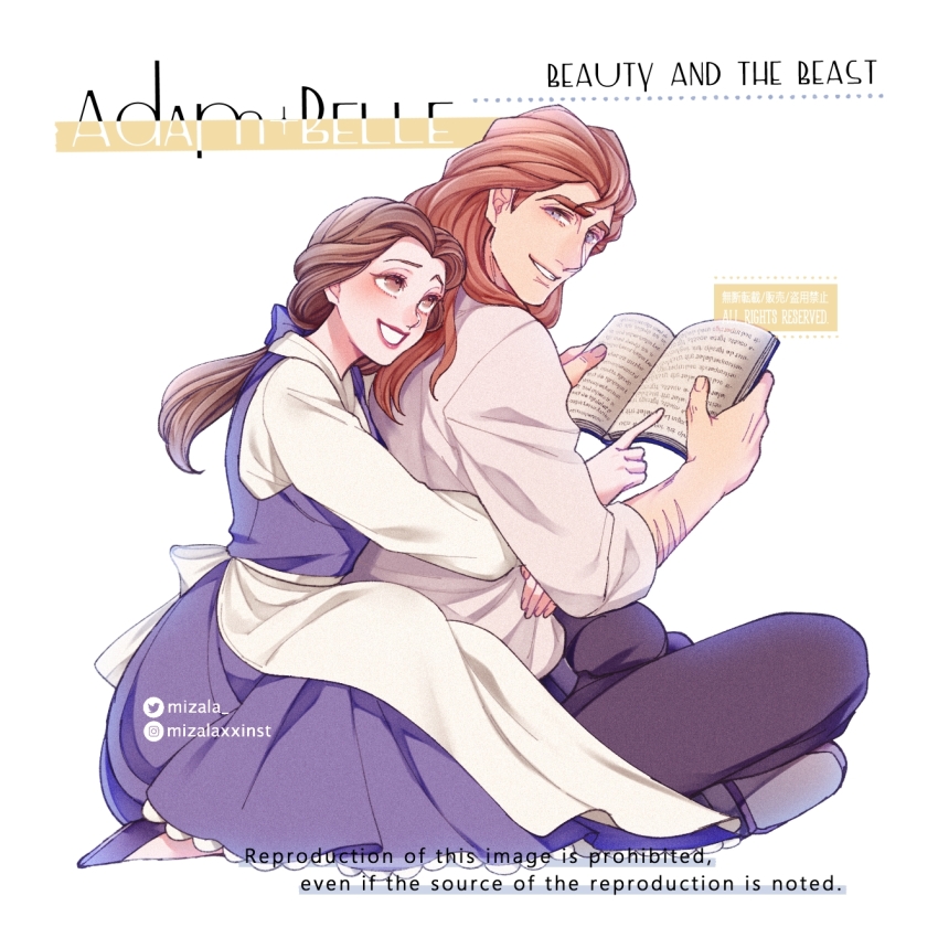 1boy 1girl animification beauty_and_the_beast_(disney) belle_(disney) blue_bow blue_eyes book bow brown_eyes brown_hair character_name copyright_name dress highres long_hair looking_at_viewer mizala ponytail prince_adam_(disney) reading short_hair smile