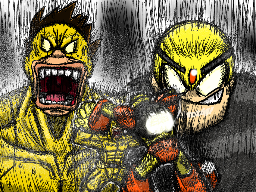 2boys black_hair boku_no_hero_academia guts_man joints mask mega_man_(classic) mega_man_(series) multiple_boys open_mouth robot robot_joints rockman_(game) satou_rikidou screaming sweat white_eyes