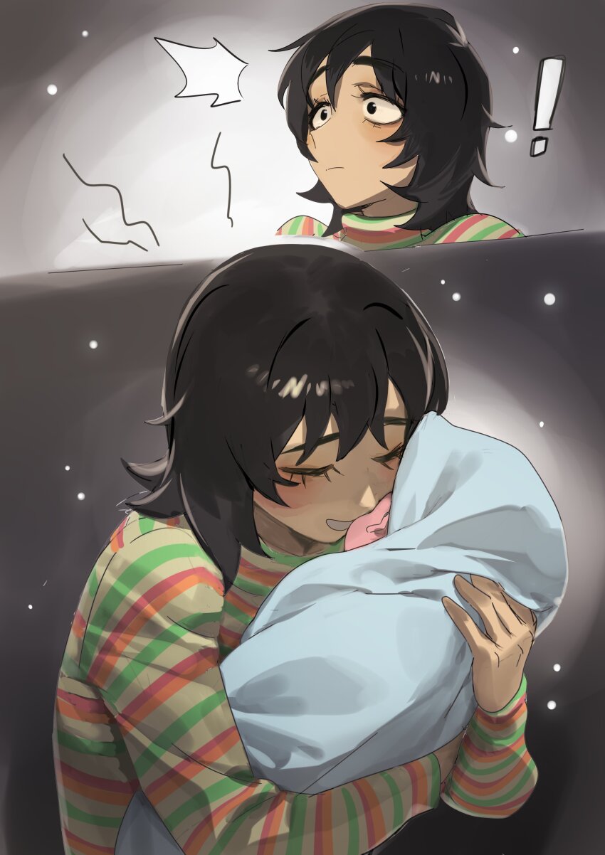 ! 1girl 1other absurdres alternate_costume anya_(mouthwashing) baby black_eyes black_hair blush carrying carrying_baby carrying_person closed_eyes highres mouthwashing nia_(nia4294) smile sweater