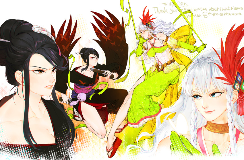 2girls black_hair black_kimono blue_eyes braid breasts brown_eyes crown_braid dual_wielding elbow_gloves eye_contact feather_hair_ornament feathers frown gloves green_gloves green_ribbon green_skirt gun hair_bun hair_ornament handgun highres holding japanese_clothes khirzava kimono kyougoku_maria_(sengoku_basara) large_breasts looking_at_another multiple_girls multiple_views nouhime_(sengoku_basara) off_shoulder okobo platform_sandals red_feathers ribbon sandals sengoku_basara side_braids side_slit skirt smile weapon white_hair zouri