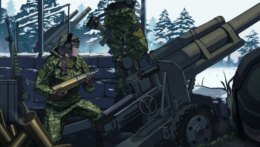 1girl 2others absurdres artillery artillery_shell bendit braid camouflage camouflage_jacket camouflage_pants canadian_flag ear_protection eyewear_on_head from_side gloves green_eyes gun highres holding_tank_shell jacket mask military mouth_mask multiple_others original pants parted_lips profile purple_hair rifle snow soldier tree weapon wheel winter