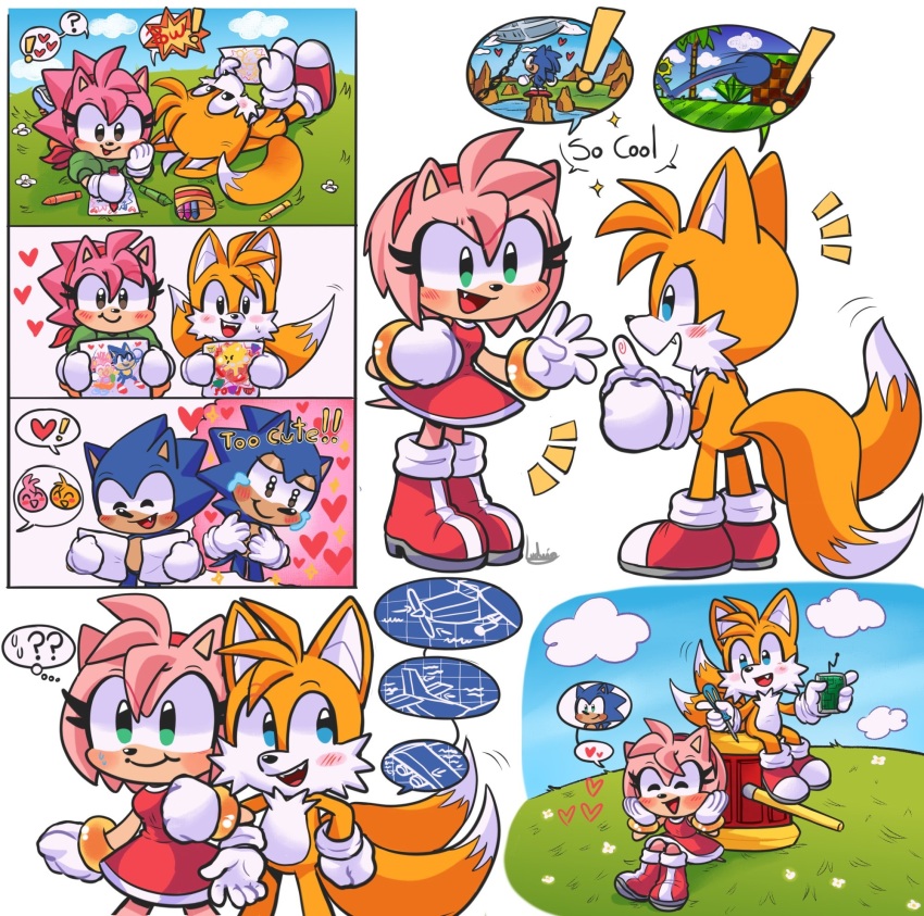 amy_rose blonde_hair blue_eyes blue_fur blue_hair blueprint_(object) boots bracelet classic_amy_rose classic_sonic classic_tails drawing_(object) dress fan fans fox friends glass gloves green_eyes green_hill_zone hairband hammer hedgehog highres jewelry pencil pink_fur pink_hair sega shoes sitting socks sonic_(series) sonic_cd sonic_the_hedgehog sonic_the_hedgehog_(classic) sonic_the_hedgehog_1 sonic_the_hedgehog_2 spiked_hair super_sonic tails_(sonic) toy_hammer yellow_fur