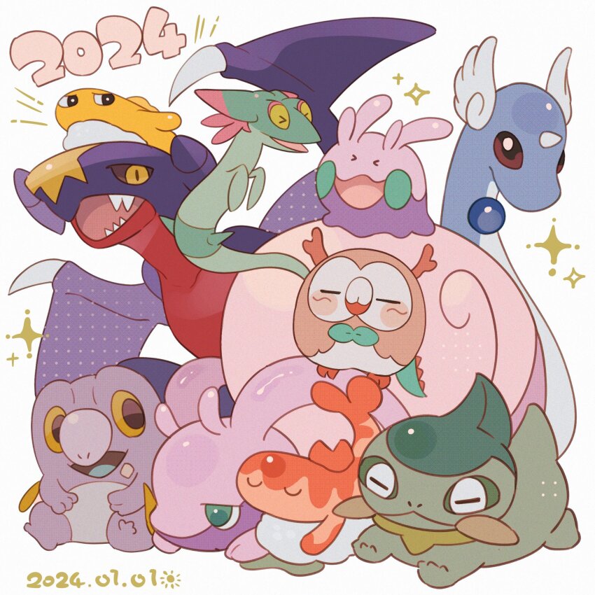 &gt;_&lt; 2024 :d animal_focus axew black_sclera blue_skin brown_eyes closed_eyes colored_sclera colored_skin commentary_request dated dragonair dreepy floating frigibax garchomp gen_1_pokemon gen_4_pokemon gen_5_pokemon gen_6_pokemon gen_7_pokemon gen_8_pokemon goodra green_eyes head_wings highres horns nintendo no_humans open_mouth pokemon pokemon_(creature) rowlet sharp_teeth simple_background single_horn sitting slit_pupils smile snake sparkle tail takumi_mizuki tatsugiri tatsugiri_(curly) tatsugiri_(stretchy) teeth trait_connection white_background wings xd yellow_eyes
