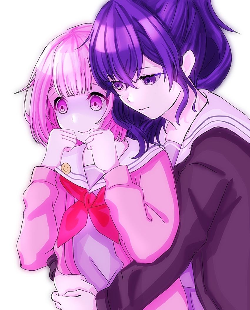 2girls asahina_mafuyu badge black_jacket blunt_bangs button_badge clenched_hands closed_mouth crossed_bangs empty_eyes expressionless grey_serafuku grey_shirt hair_between_eyes hands_up highres hiiragi_iwashi_(artist) hug hug_from_behind ibispaint_(medium) jacket long_sleeves looking_down miyamasuzaka_girls&#039;_academy_school_uniform multiple_girls neckerchief nervous_smile ootori_emu pale_skin pink_eyes pink_hair pink_jacket ponytail project_sekai purple_eyes purple_hair red_neckerchief sailor_collar school_uniform serafuku shaded_face shirt short_hair simple_background smile smile_emoji upper_body white_background white_sailor_collar yuri