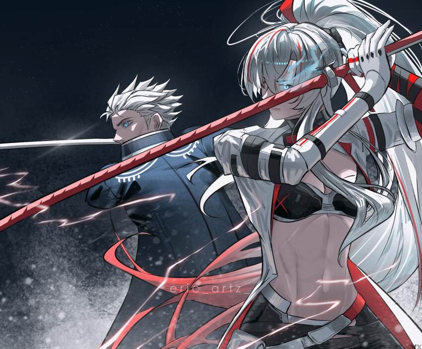 1boy 1girl absurdres alpha:_crimson_weave_(pgr) alpha_(pgr) black_bra black_coat blue_eyes bra breasts cable cleavage closed_mouth coat commentary crossover devil_may_cry_(series) devil_may_cry_5 eric_tran flaming_eye heterochromia high_ponytail highres holding holding_sword holding_weapon katana long_hair looking_ahead mechanical_arms mechanical_hands medium_breasts multicolored_hair navel ponytail punishing:_gray_raven red_eyes stomach streaked_hair sword underwear vergil_(devil_may_cry) very_long_hair weapon white_coat white_hair