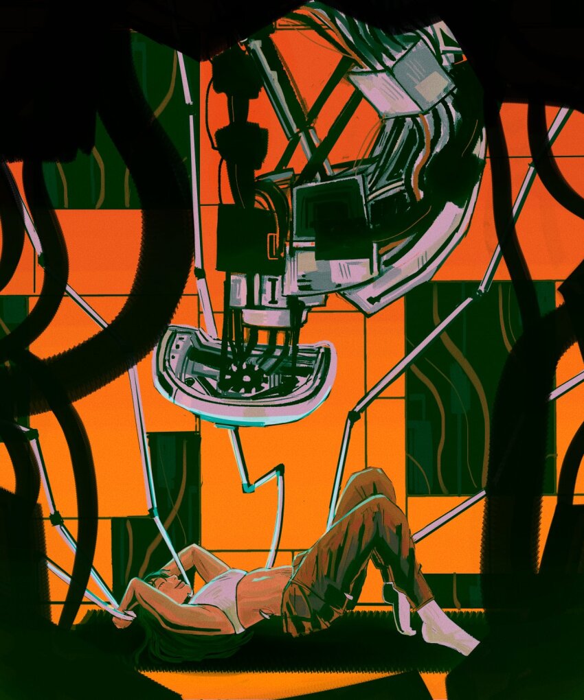 2girls black_hair bound bound_wrists chell chuucocat closed_eyes commentary english_commentary glados highres indoors interspecies long_hair lying midriff multiple_girls non-humanoid_robot on_back orange_pants pants portal_(series) robot sports_bra white_sports_bra yuri