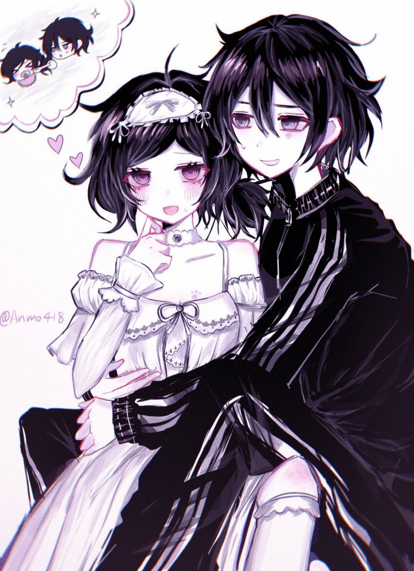 1boy 1girl :d ahoge alternate_eye_color andrew_graves anmo418 ashley_graves bare_shoulders black_hair black_jacket black_pants breasts choker chromatic_aberration cleavage colored_skin double-parted_bangs dress feet_out_of_frame frilled_dress frilled_sleeves frilled_socks frills grin hair_between_eyes hairband hashtag-only_commentary heart highres hug jacket knee_up layered_sleeves long_sleeves looking_at_viewer low_side_ponytail medium_hair off-shoulder_dress off_shoulder open_mouth pants pink_eyes ribbon-trimmed_dress ribbon_trim ringed_eyes short_hair short_over_long_sleeves short_sleeves side_ponytail simple_background sitting sitting_on_lap sitting_on_person small_breasts smile socks speech_bubble sweatdrop the_coffin_of_andy_and_leyley thought_bubble tongue track_jacket triple_vertical_stripe turtleneck turtleneck_jacket twitter_username white_background white_choker white_dress white_hairband white_skin zipper