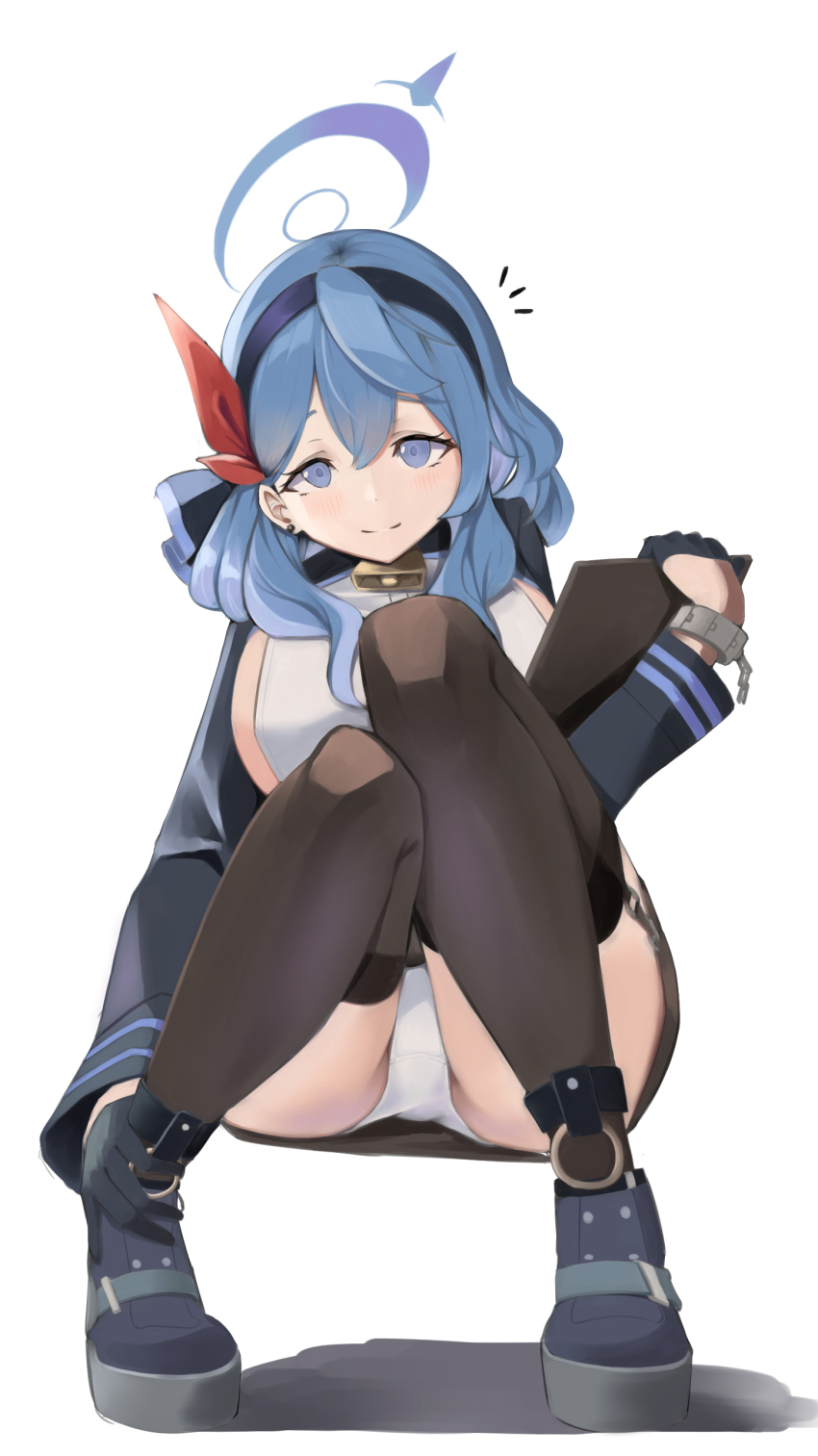 1girl absurdres akinoji_(akiponpon27) ako_(blue_archive) ass black_thighhighs blue_archive blue_eyes blue_gloves blue_hair blue_hairband blue_halo blue_shoes blush breasts closed_mouth commentary_request gloves hair_between_eyes hairband half_gloves halo highres large_breasts panties pantyshot partial_commentary red_ribbon ribbon shirt shoes sideboob sideless_shirt simple_background smile solo thighhighs underwear white_background white_panties white_shirt
