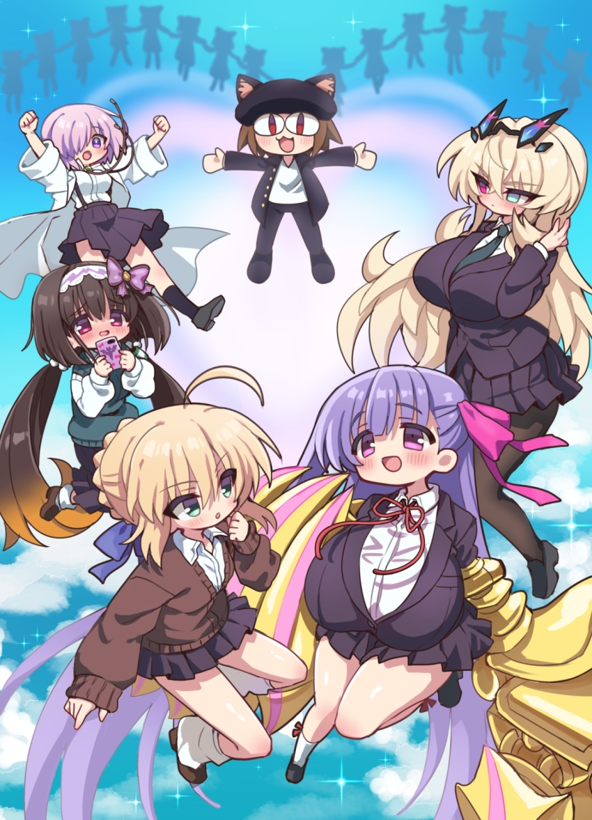 :d absurdly_long_hair ahoge animal_ears artoria_pendragon_(fate) barghest_(fate) black_jacket black_pantyhose black_skirt blonde_hair blue_eyes braid breasts brown_hair brown_jacket cat_ears claw_(weapon) commentary commission cosplay crown_braid eiai_nano eiai_nano_(cosplay) english_commentary fate/grand_order fate_(series) gakuran gradient_hair green_vest hair_over_one_eye hair_ribbon half_updo hanazono_hakari hanazono_hakari_(cosplay) heterochromia highres huge_breasts inda_karane inda_karane_(cosplay) indie_virtual_youtuber jacket kiba_yaeba kimi_no_koto_ga_dai_dai_dai_dai_daisuki_na_100-nin_no_kanojo lab_coat large_breasts long_hair low_twintails mash_kyrielight medium_breasts miniskirt multicolored_hair neco_spirit ohananomitsu_high_school_uniform open_mouth orange_hair original osakabehime_(fate) pantyhose parody passionlip_(fate) pink_eyes pink_hair pink_ribbon pleated_skirt poster_parody purple_hair red_eyes ribbon saber_(fate) school_uniform second-party_source shirt silhouette skirt smile suspender_skirt suspenders twintails very_long_hair vest weapon white_shirt yakuzen_kusuri yakuzen_kusuri_(cosplay) yoshimoto_shizuka yoshimoto_shizuka_(cosplay)
