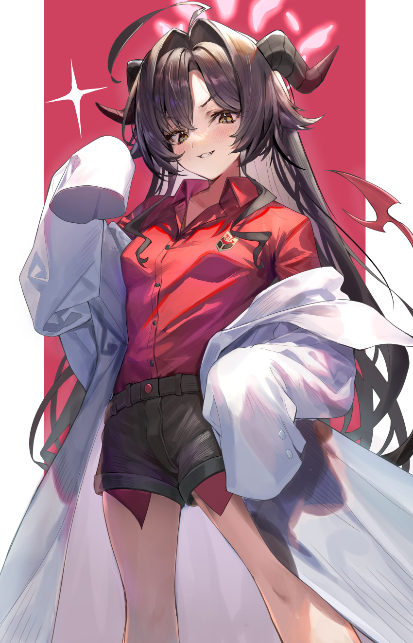 1girl absurdres ahoge black_hair black_horns black_shorts black_tail blue_archive coat collared_shirt demon_horns feet_out_of_frame grin halo highres horns kabi_(zcwd8845) kasumi_(blue_archive) lab_coat long_hair long_sleeves looking_at_viewer red_halo red_shirt shirt shirt_tucked_in shorts sleeves_past_fingers sleeves_past_wrists smile solo white_coat yellow_eyes