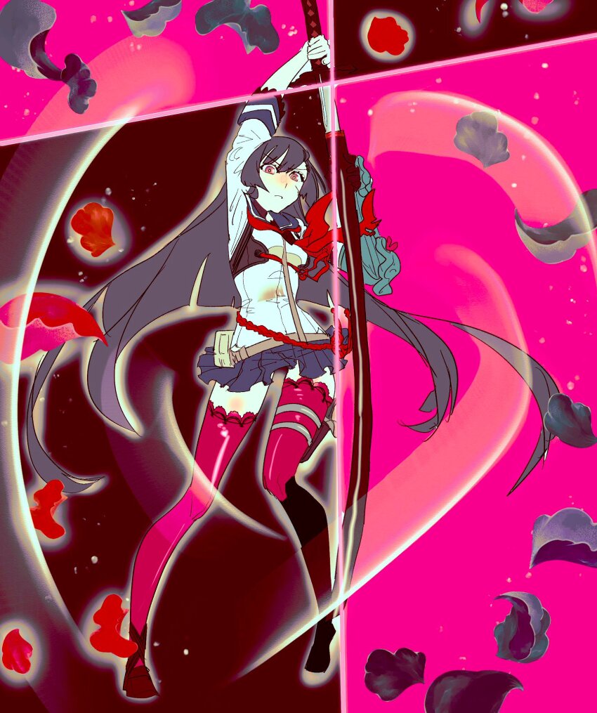 1girl 7th_dragon_(series) 7th_dragon_2020 black_choker black_hair choker commentary_request full_body gauntlets hanamashinta highres holding holding_sword holding_weapon katana katanako long_hair neckerchief outline petals pink_background pleated_skirt pouch red_neckerchief red_thighhighs samurai_(7th_dragon) samurai_(7th_dragon) school_uniform serafuku sheath shirt single_gauntlet skirt solo sword thighhighs weapon white_shirt