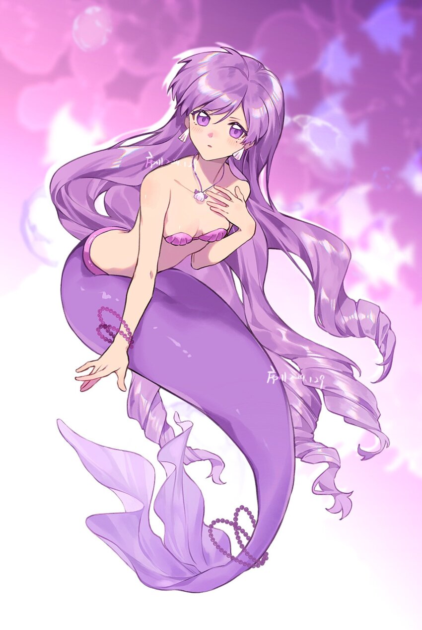 1girl bare_shoulders bracelet breasts caren_(mermaid_melody_pichi_pichi_pitch) drill_hair fins fish_tail full_body hand_on_own_chest highres jewelry kneeless_mermaid long_hair medium_breasts mermaid mermaid_melody_pichi_pichi_pitch monster_girl necklace purple_eyes purple_hair shell shell_bikini solo tail xuchuan