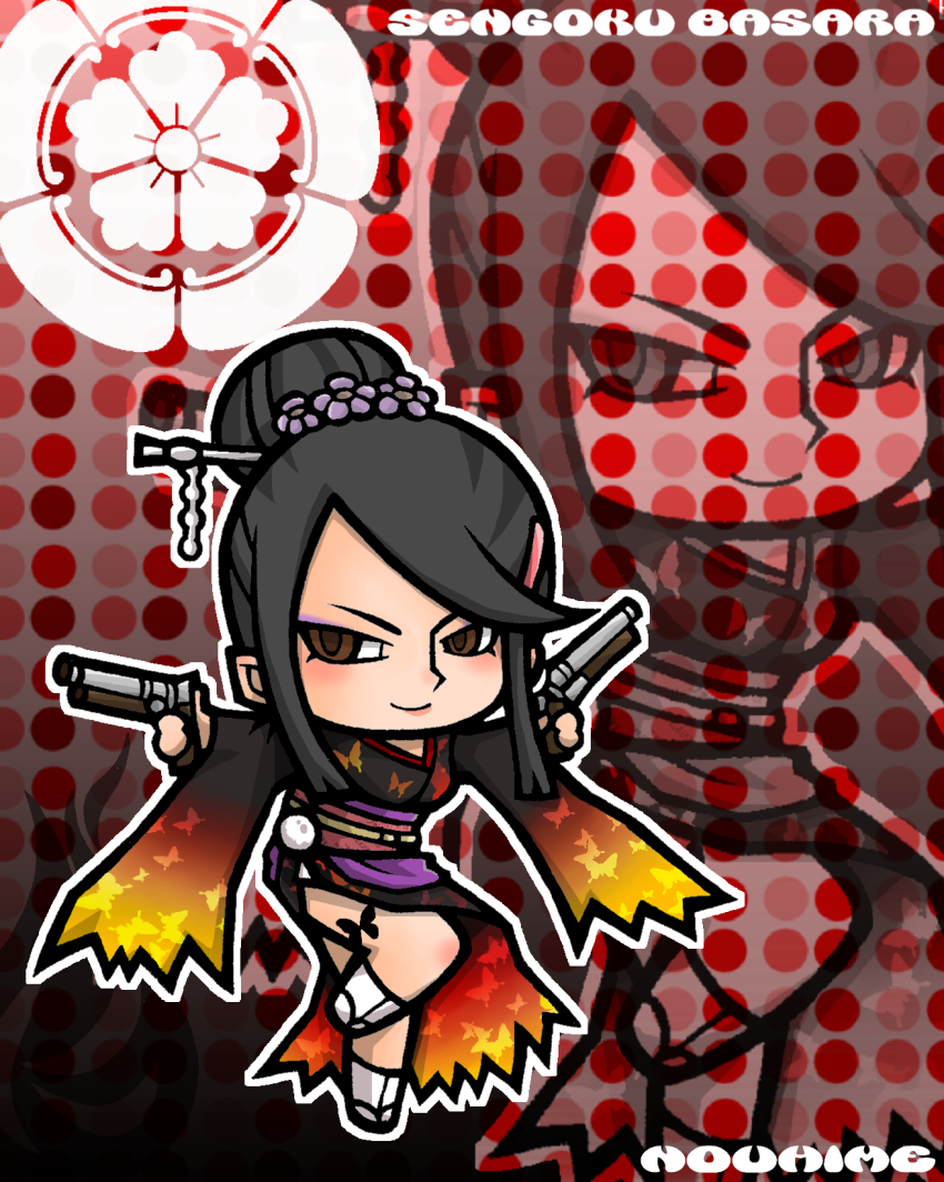 1girl black_background black_kimono brown_eyes character_name chibi chibi_only copyright_name dual_wielding eyeshadow flower full_body gradient_background gradient_clothes gun hair_bun hair_flower hair_ornament hairclip hairpin handgun hate0318 highres holding holding_gun holding_weapon japanese_clothes kimono leg_up makeup nouhime_(sengoku_basara) outline polka_dot polka_dot_background purple_eyeshadow red_background sengoku_basara sidelocks smile solo v-shaped_eyebrows weapon white_outline zoom_layer
