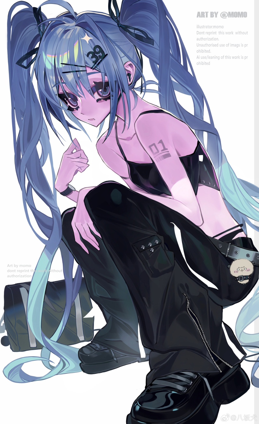 1girl absurdres arm_tattoo artist_name black_pants black_shoes black_tank_top blue_eyes blue_hair chinese_commentary commentary_request crop_top earbuds earphones hatsune_miku highres long_hair midriff number_hair_ornament number_tattoo pants shoes solo squatting tank_top taowu_(20809) tattoo twintails very_long_hair vocaloid watch wristwatch zipper