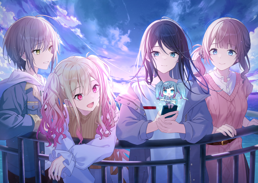 4girls absurdres against_railing black_hair blonde_hair blue_eyes blurry bokeh breasts brown_hair buttons cardigan closed_mouth cloud cloudy_sky commentary_request cowboy_shot depth_of_field green_eyes highres hinomori_shiho hologram hood hood_down hoodie hoshino_ichika_(project_sekai) jacket light_particles long_hair looking_at_object mochizuki_honami multiple_girls open_clothes open_jacket open_mouth parted_lips pink_cardigan pink_hair project_sekai railing red_eyes short_hair side_ponytail sky small_breasts smile sweater_vest tenma_saki timmoo twintails white_hoodie yellow_sweater_vest