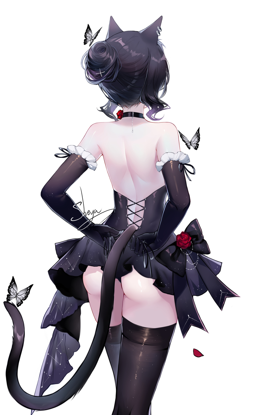 1girl animal_ears artist_name ass back back_focus backless_dress backless_outfit bare_back black_choker black_dress black_gloves black_hair black_thighhighs cat_ears cat_girl cat_tail choker commentary cowboy_shot dress elbow_gloves from_behind gloves highres original sheya short_dress short_hair signature solo standing symbol-only_commentary tail thighhighs thighs