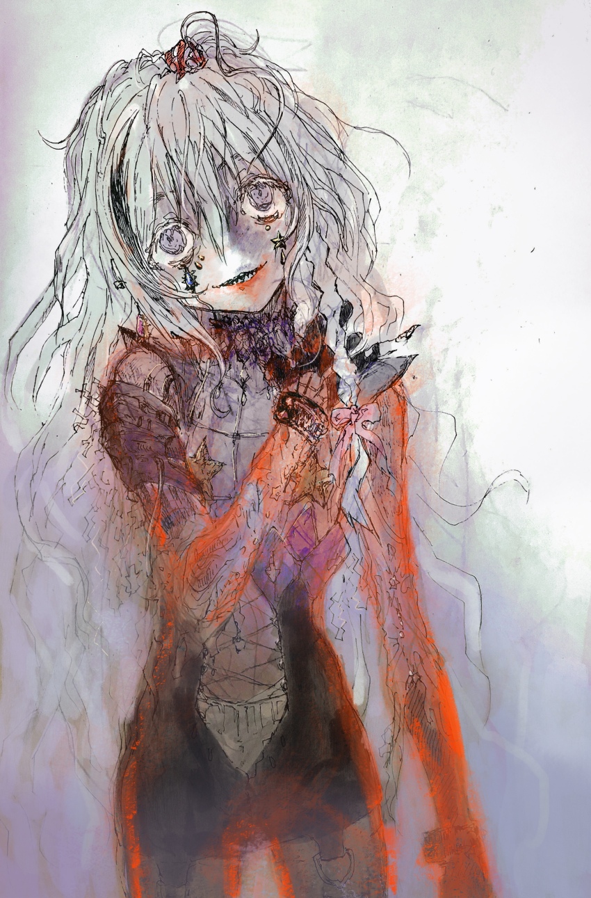 1girl absurdres ahoge alternate_costume arm_at_side armor black_gloves black_shorts braid breastplate center_opening cowboy_shot fingernails garter_straps gloves glowing grey_eyes grey_hair hair_ornament hand_on_own_shoulder head_tilt highres hoshi_syoko idolmaster idolmaster_cinderella_girls jewelry_request long_fingernails long_hair messy_hair multicolored_hair open_mouth payama pinky_out romper sharp_fingernails sharp_teeth short_shorts shorts shoulder_massage side_braid sleeveless smile solo standing star_(symbol) streaked_hair teardrop-shaped_gem teeth wristband