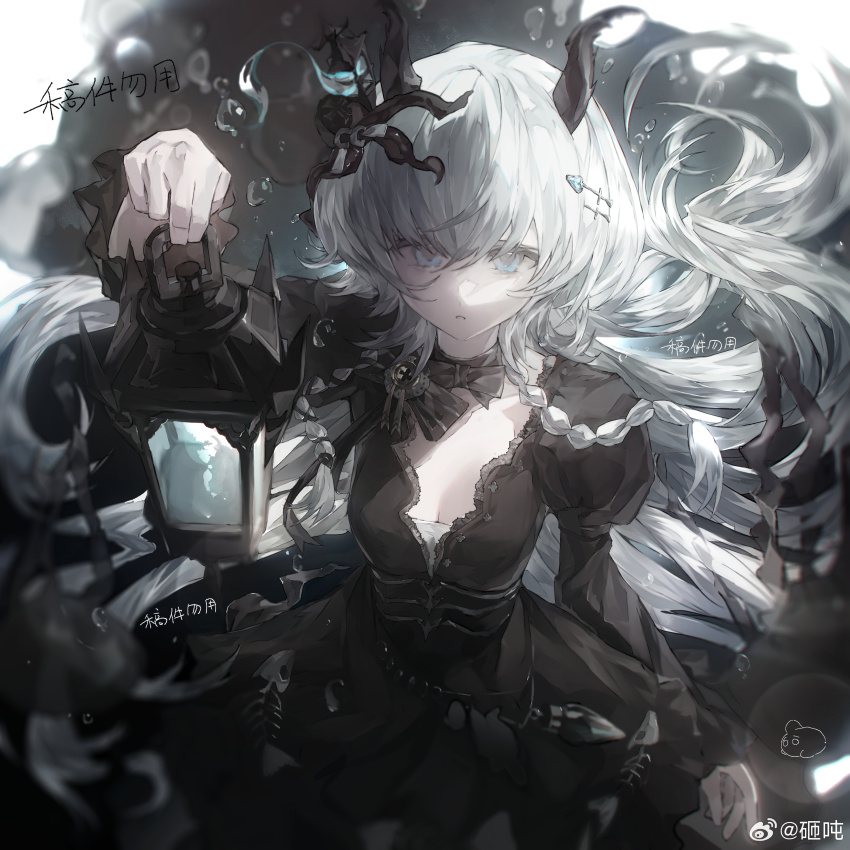 1girl absurdres black_choker black_dress blue_eyes bow bow_choker braid breasts character_request choker cleavage copyright_request dress hair_between_eyes highres holding holding_lantern horns lantern long_hair looking_at_viewer parted_lips shaded_face sidelocks single_braid solo white_hair zadun