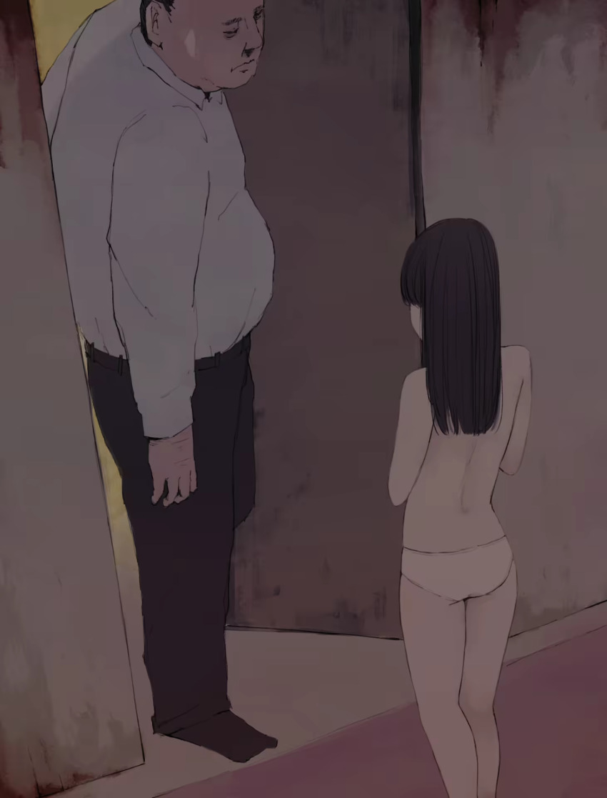 1boy 1girl age_difference back black_hair black_pants collared_shirt highres long_hair long_sleeves median_furrow no_bra nude original otohime_(youngest_princess) panties pants shirt size_difference standing underwear underwear_only white_panties white_shirt