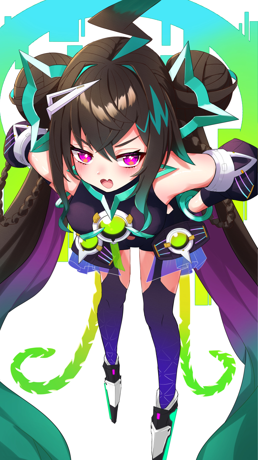 1girl absurdres ahoge aqua_hair armored_boots bike_shorts_under_leotard black_hair black_leotard black_shorts black_sleeves blue_thighhighs boots bracelet braid breasts colored_inner_hair commentary detached_sleeves double_bun english_commentary fang hair_bun hair_ornament hands_on_own_hips highres jewelry kroble leaning_forward leotard lightning_ahoge lightning_bolt-shaped_pupils long_hair looking_at_viewer multicolored_hair open_mouth overskirt purple_eyes purple_hair see-through_clothes see-through_skirt shorts skin_fang skirt small_breasts solo streaked_hair symbol-shaped_pupils terra404 terra_404 textless_version thighhighs twin_braids v4mirai very_long_hair virtual_youtuber