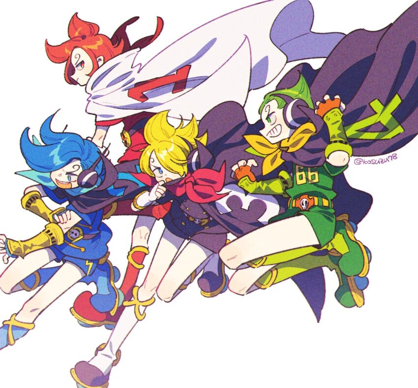 4boys aged_down black_cape black_shirt black_shorts blonde_hair blue_eyes blue_hair blue_shirt blue_shorts boots cape curly_eyebrows floating floating_hair gloves green_eyes green_hair green_shirt green_shorts hair_over_one_eye headphones jumping mitsubachi_koucha multiple_boys one_piece red_eyes red_hair sanji_(one_piece) shirt short_shorts shorts simple_background skull smile vinsmoke_ichiji vinsmoke_niji vinsmoke_yonji white_background white_cape