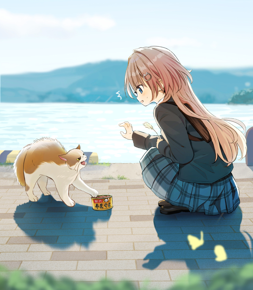 1girl :o ^^^ backpack bag black_jacket blazer blue_eyes blurry blurry_background blurry_foreground brown_bag calico cat cat_hair_ornament cat_teaser christ_signboard collared_shirt commentary_request fingernails full_body green_skirt hair_intakes hair_ornament highres jacket light_blush loafers long_hair long_sleeves nervous ocean open_mouth orange_hair original pet_food plaid_clothes plaid_skirt shirt shoes skirt solo squatting sweatdrop v-shaped_eyebrows white_shirt yukimaru_nun