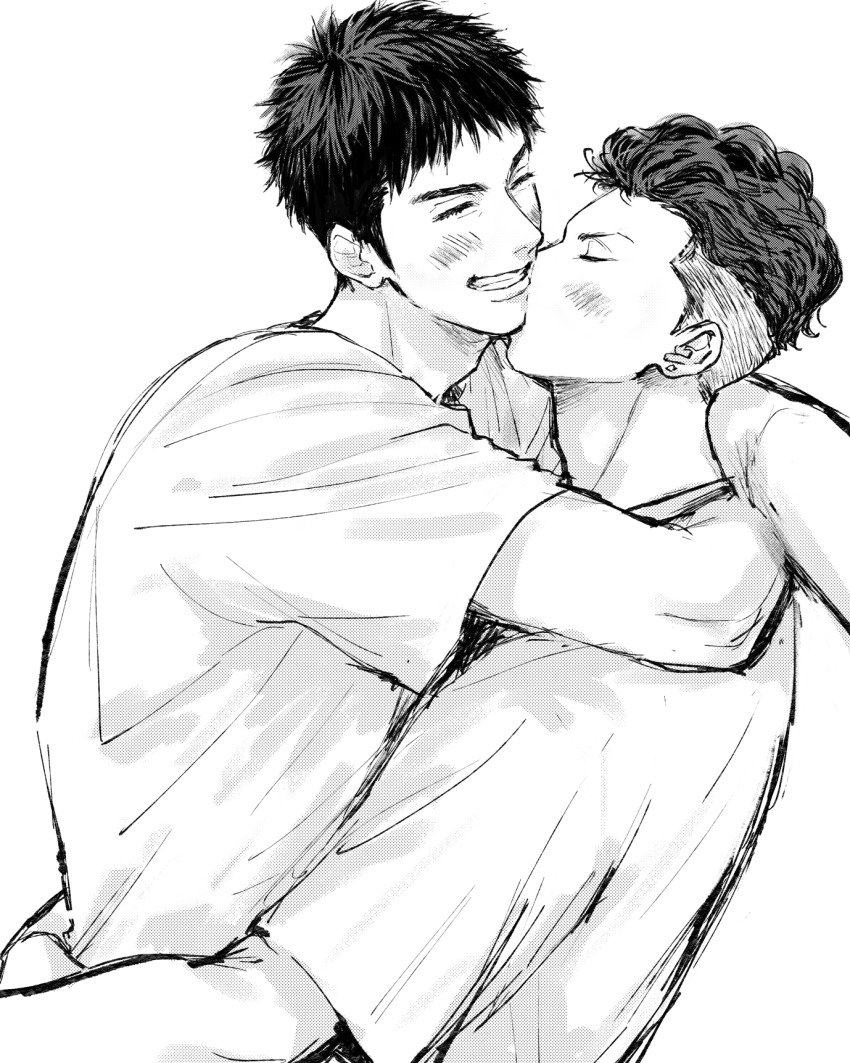 2boys arm_around_neck arms_around_waist blush closed_eyes commentary_request couple from_side greyscale grin highres hug male_focus mitsui_hisashi miyagi_ryouta monochrome multiple_boys shirt short_hair short_sleeves sideburns simple_background slam_dunk_(series) smile t-shirt teeth undercut upper_body white_background yao0597 yaoi