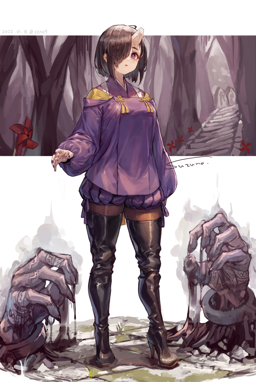 1girl black_boots boots breasts brown_hair commentary cuffs full_body high_heel_boots high_heels highres horns long_sleeves looking_at_viewer mole mole_under_eye original pantyhose parted_lips puffy_long_sleeves puffy_shorts puffy_sleeves purple_eyes short_hair shorts signature single_horn solo standing suzuno_(bookshelf) symbol-only_commentary thigh_boots thighhighs thighhighs_over_pantyhose