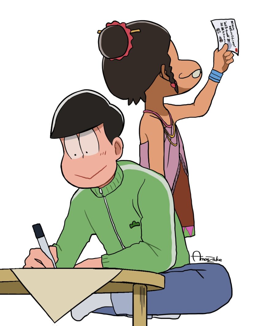 1boy 1girl amaizake black_hair bracelet brown_hair dark-skinned_female dark_skin dayoon_girl green_jacket highres holding holding_letter jacket jewelry letter matsu_symbol matsuno_choromatsu necklace osomatsu-san osomatsu-san:_hesokuri_wars osomatsu_(series) smile table writing