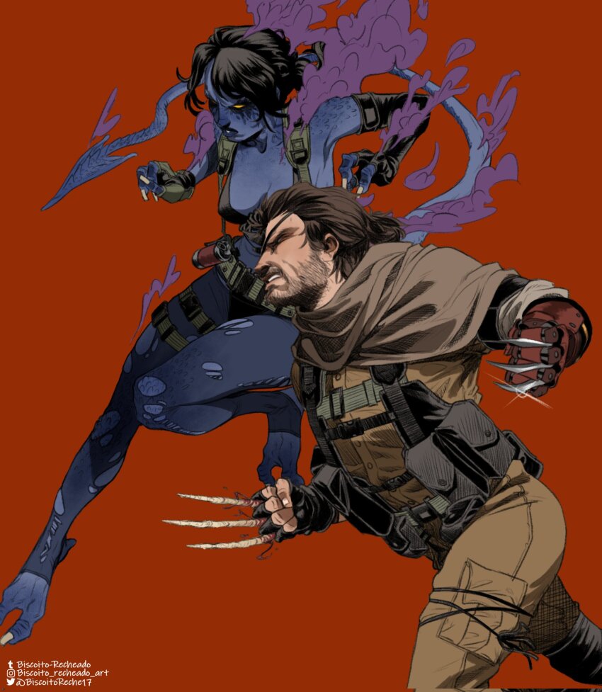 1boy 1girl asymmetrical_gloves bikini blue_skin boots breasts brown_hair claw_(weapon) colored_skin combat_boots cosplay eyepatch fewer_digits front-tie_bikini_top front-tie_top gloves gun highres lowleg lowleg_pantyhose marvel mechanical_arms medium_breasts metal_gear_(series) metal_gear_solid_v:_the_phantom_pain midair mismatched_gloves nightcrawler pantyhose prosthesis prosthetic_arm quiet_(metal_gear) quiet_(metal_gear)_(cosplay) red_background rifle running smoke solid_eyes swimsuit tail torn_clothes torn_pantyhose venom_snake venom_snake_(cosplay) weapon wolverine_(x-men) x-men yellow_eyes