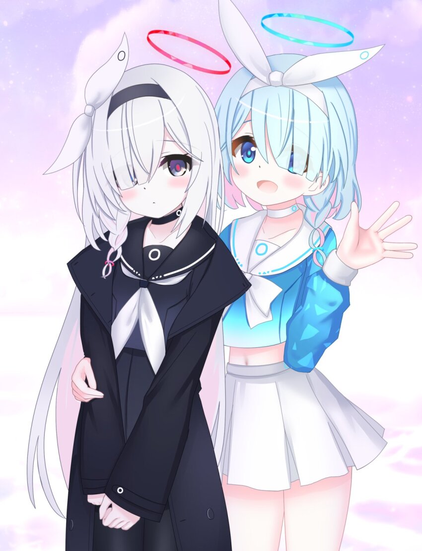 2girls arona_(blue_archive) black_choker black_headband black_serafuku black_shirt black_skirt blue_archive blue_eyes blue_hair blue_halo blue_shirt blush choker collarbone colored_inner_hair commentary_request grey_eyes grey_hair hair_over_one_eye hairband halo hand_around_waist hand_up headband highres langley1000 long_hair long_sleeves looking_at_viewer midriff multicolored_hair multiple_girls navel neckerchief open_mouth own_hands_together pink_hair pink_pupils plana_(blue_archive) red_halo redrawn school_uniform serafuku shirt skirt very_long_hair white_choker white_hairband white_neckerchief