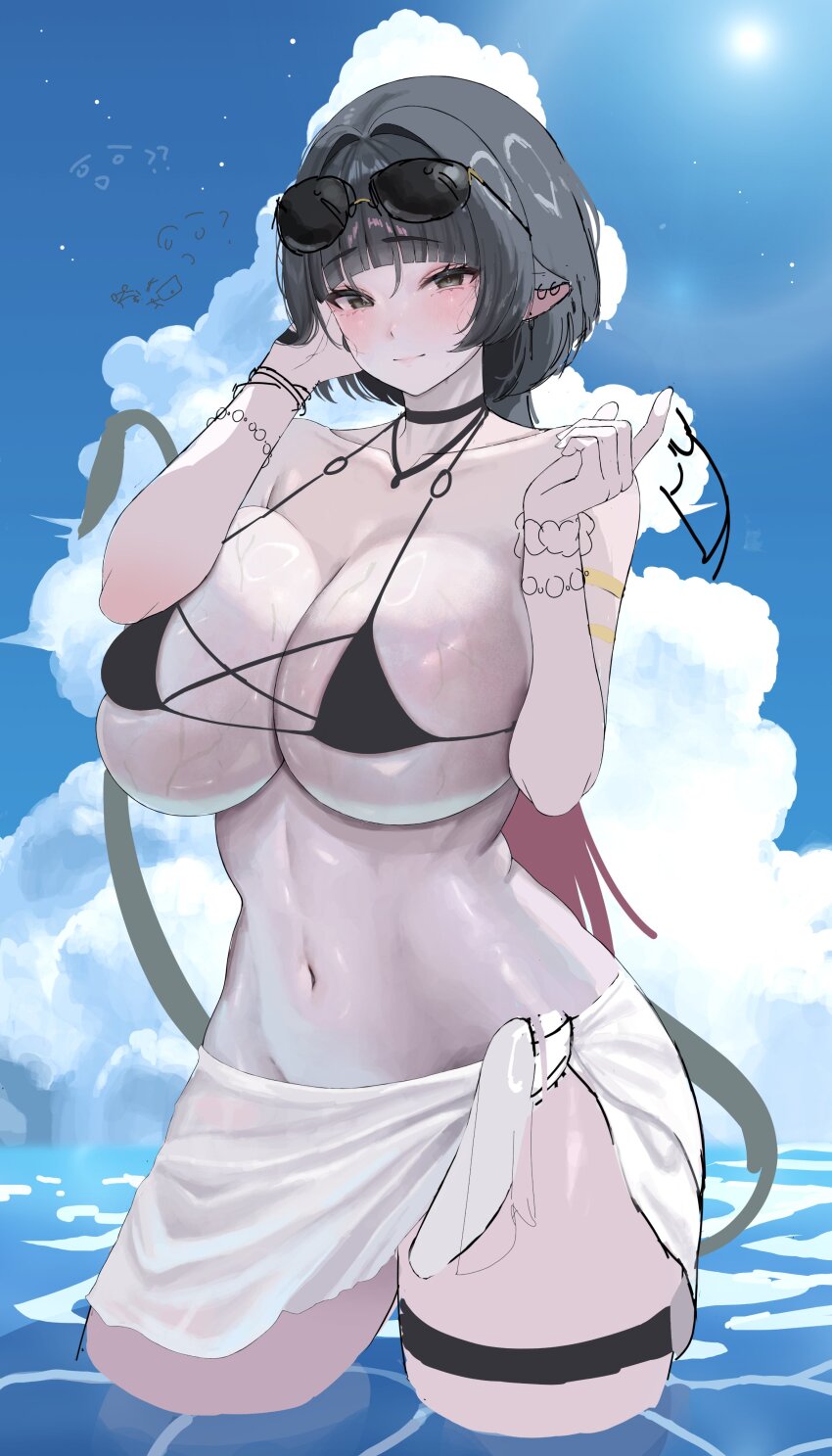 1girl absurdres alternate_breast_size alternate_costume animal_ears bikini black_bikini breasts highres huge_breasts jane_doe_(zenless_zone_zero) kkukki long_tail mouse_ears mouse_girl mouse_tail navel solo swimsuit tail zenless_zone_zero