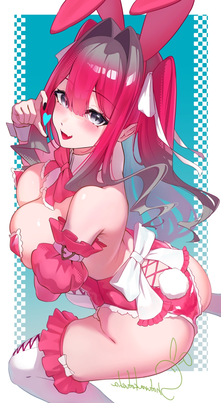 1girl absurdres animal_ears ass baobhan_sith_(fate) blush boots breasts cleavage fang fate/grand_order fate_(series) grey_eyes hand_up highres leotard long_hair looking_at_viewer pink_hair pink_leotard pointy_ears puffy_short_sleeves puffy_sleeves rabbit_ears rabbit_tail shafurakafusha short_sleeves sidelocks skin_fang smile solo tail thigh_boots