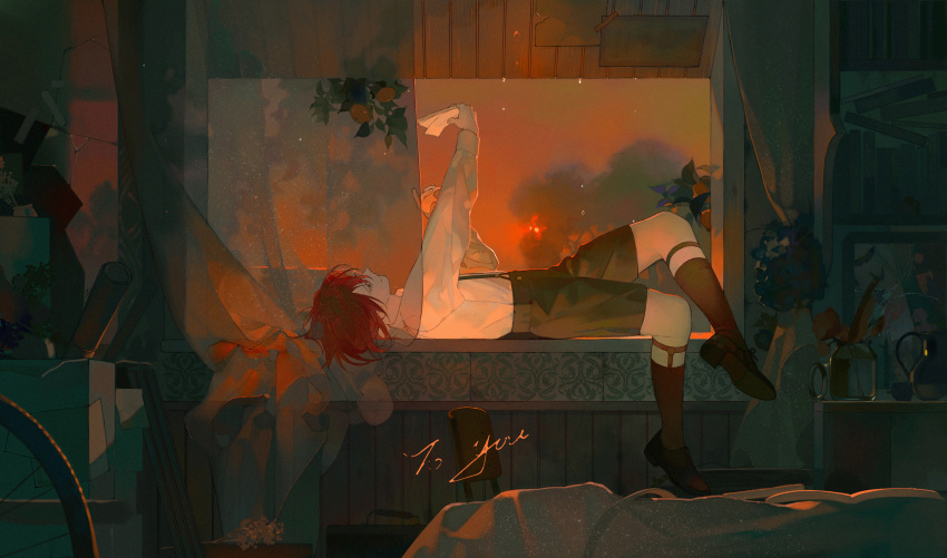 1boy black_shorts black_socks commentary curtains highres holding holding_paper indoors long_sleeves male_focus original paper red_sky shirt shirt_tucked_in shorts sky socks solo suspenders tree white_shirt wide_shot window xiaoquandianer