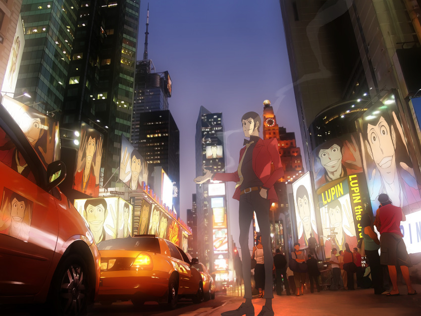 1boy arsene_lupin_iii bad_id bad_pixiv_id car cigarette city cityscape faddawdle ford_crown_victoria ford_crown_victoria_(2nd_generation) formal_clothes highres jacket lupin_iii male_focus motor_vehicle necktie photo_background red_jacket scenery sideburns smoke solo suit times_square tms_entertainment yellow_necktie