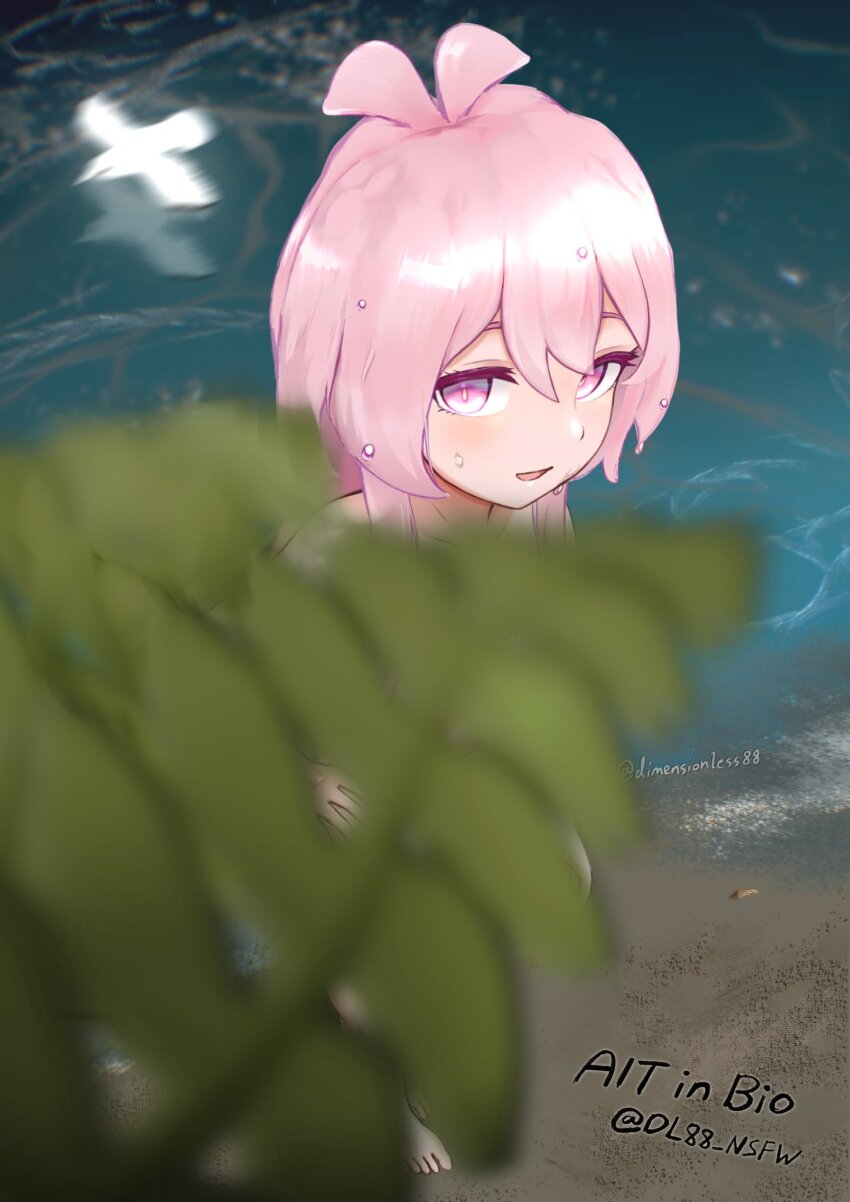 1girl beach completely_nude convenient_censoring dimensionless88 hand_on_own_hip looking_at_viewer mumble_(shachimu) nude outdoors pink_eyes pink_hair sand solo tagme water wet