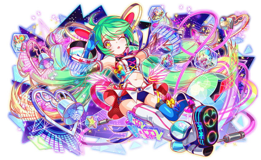 1boy 3girls absurdly_long_hair ahoge alternate_color alternate_costume aqua_bow aqua_eyes artist_request bare_shoulders bell belt blue_gloves blue_shorts blue_thighhighs bow bow_legwear breasts cable cel_shading character_name crash_fever crop_top cross-laced_clothes cross-laced_legwear cross-laced_shorts cross-laced_top detached_sleeves english_text eyelashes floral_print_shoe_soles full_body game_cg gloves glowing_shoe_soles green_hair happy_(crash_fever) in_cube jerry_(crash_fever) lanyard long_hair low_wings medium_breasts melissa_(crash_fever) midriff morris_(crash_fever) mouse_(animal) multiple_girls nimda_(crash_fever) official_alternate_color official_alternate_costume official_art one_eye_closed open_mouth orange_eyes outline pink_bow pink_trim pixelated purple_bow rainbow_gradient red_belt red_outline red_skirt salute saturated see-through_bow see-through_clothes see-through_sleeves shoe_soles short_shorts shorts skirt solo star_(symbol) striped_clothes striped_thighhighs suspender_shorts suspenders tachi-e thighhighs transparent_background two-sided_fabric two-sided_skirt two-tone_gloves two-tone_thighhighs vertical-striped_clothes vertical-striped_thighhighs very_long_hair white_footwear white_gloves white_skirt white_thighhighs white_wings wings yellow_bow