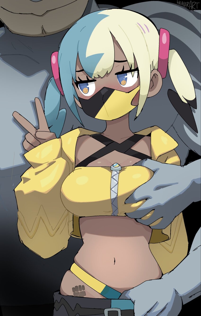 blonde_hair blue_eyes blue_hair canari_(pokemon) crop_top dark-skinned_female dark_skin fruithead gen_1_pokemon grabbing_another&#039;s_breast groping hand_in_pants highres jacket machamp mask mouth_mask multicolored_hair navel nintendo pokemon pokemon_legends:_z-a shirt split-color_hair stomach twintails two-tone_hair v yellow_jacket yellow_shirt