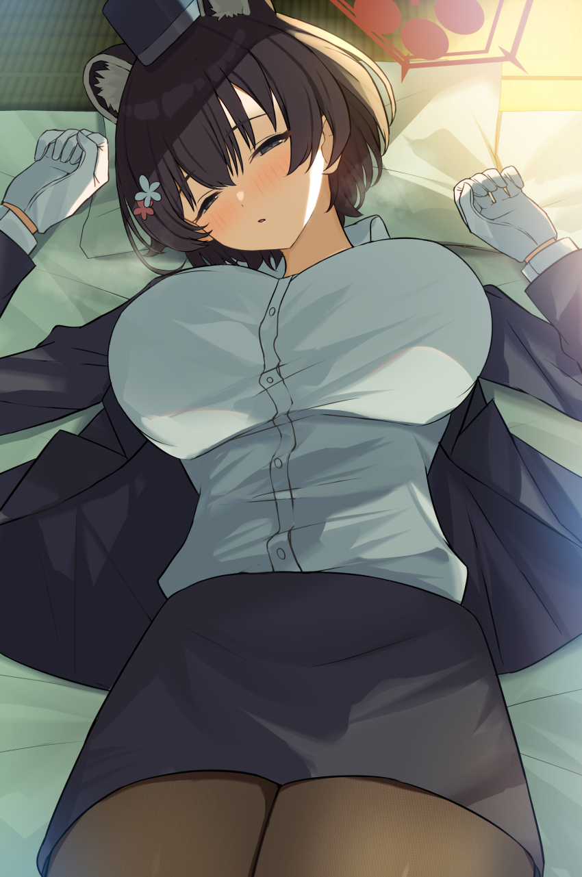 1girl animal_ear_fluff animal_ears black_hair black_hat black_jacket black_pantyhose black_skirt blue_archive blush gloves grey_eyes hair_between_eyes hat head_on_pillow highres jacket looking_at_viewer lying mi_taro333 official_alternate_costume on_back open_mouth panda_ears panda_girl pantyhose pillow sailor_hat shirt short_hair sidelocks skirt solo tsubaki_(blue_archive) tsubaki_(guide)_(blue_archive) white_gloves white_shirt
