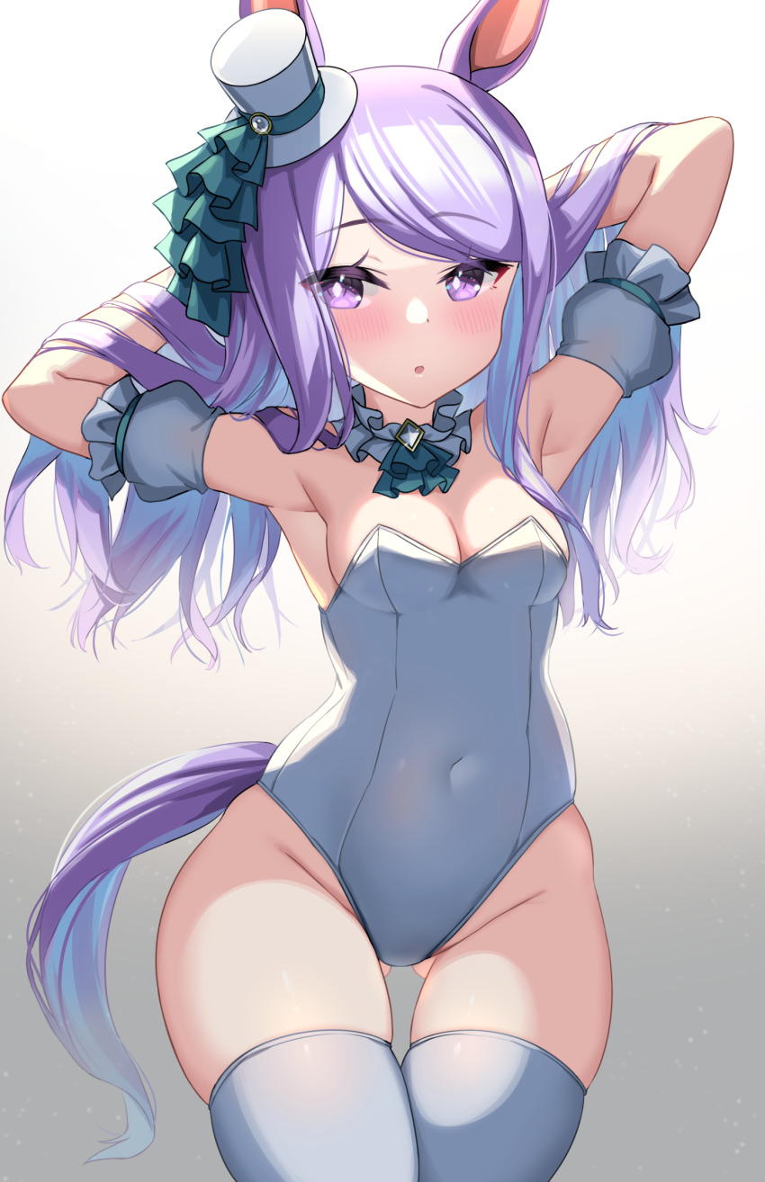 1girl adapted_costume animal_ears armpits arms_up blush breasts cleavage commentary_request covered_navel groin hat highres horse_ears horse_tail kibihimi looking_at_viewer mejiro_mcqueen_(end_of_sky)_(umamusume) mejiro_mcqueen_(umamusume) purple_eyes purple_hair simple_background small_breasts solo tail thighhighs umamusume white_background white_hat