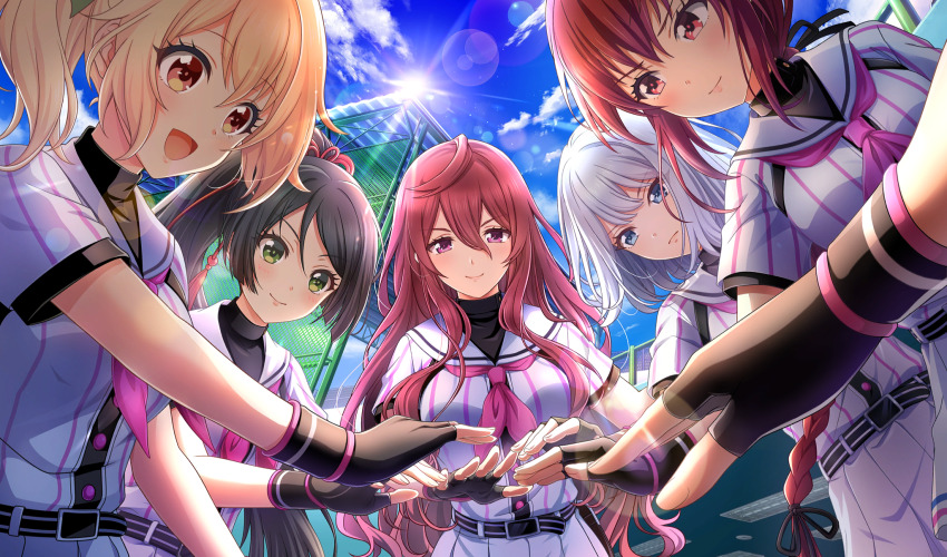 5girls :d baseball_stadium baseball_uniform belt belt_buckle belt_pouch black_belt black_gloves black_hair black_pouch black_undershirt blonde_hair braid buckle cinderella_series closed_mouth cloud fingerless_gloves from_below game_cg gloves hachigatsu_no_cinderella_nine hair_between_eyes high_ponytail highres honjo_chikage kurashiki_maiko kusakari_rena lens_flare light_particles light_rays long_hair multiple_girls neckerchief non-web_source official_art open_mouth outdoors pink_neckerchief pleated_skirt ponytail pouch purple_eyes purple_hair red_eyes red_hair satogahama_baseball_uniform shirt shirt_under_shirt short_hair short_sleeves single_braid skirt sky smile sportswear striped_belt striped_clothes striped_shirt sunbeam sunlight takanashi_yuzu tsukahara_shizuku vertical-striped_clothes vertical-striped_shirt very_long_hair wavy_hair white_hair wristband
