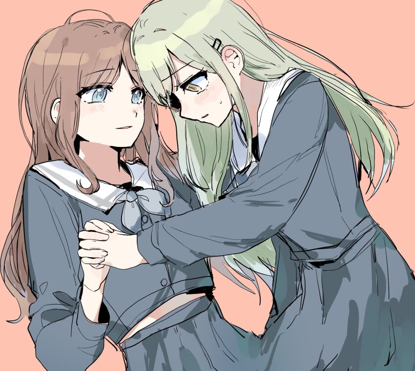 2girls bang_dream! bang_dream!_it&#039;s_mygo!!!!! black_shirt blue_eyes blush brown_hair commentary_request green_hair grey_neckerchief grey_skirt highres holding_hands interlocked_fingers long_hair long_sleeves misumi_suki multiple_girls nagasaki_soyo neckerchief orange_background parted_lips pleated_skirt sailor_collar shirt simple_background skirt smile sweatdrop wakaba_mutsumi white_sailor_collar yellow_eyes yuri