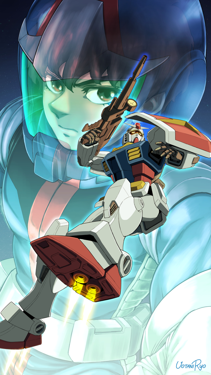 1boy absurdres amuro_ray arm_shield artist_name beam_rifle blue_bodysuit bodysuit brown_eyes brown_hair closed_mouth commentary_request energy_gun exhaust flying from_below gachirin gun gundam hair_between_eyes helmet highres holding holding_gun holding_weapon looking_at_viewer mecha mecha_pilot_suit mobile_suit mobile_suit_gundam normal_suit_(gundam) pilot_helmet pilot_suit robot rx-78-2_gundam science_fiction signature spacesuit thrusters v-fin v-shaped_eyebrows weapon yellow_eyes