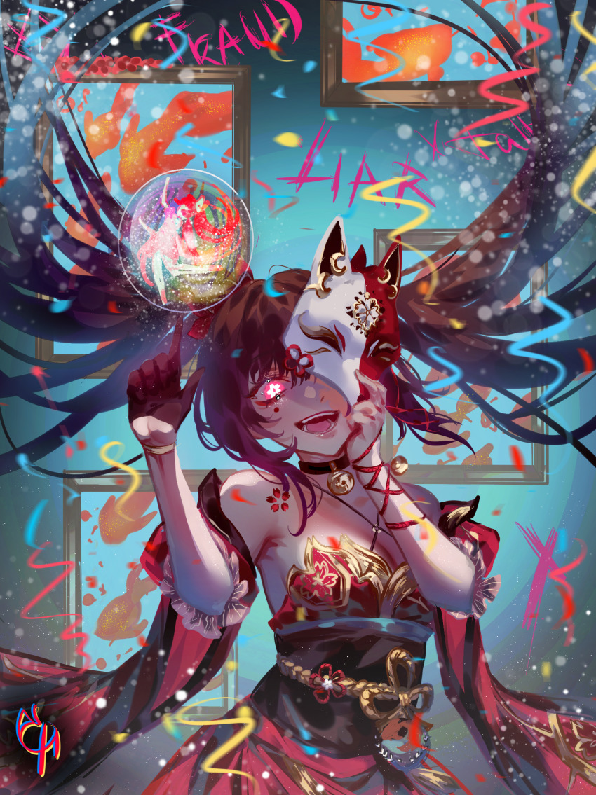 1girl :d bare_shoulders black_gloves breasts brown_hair bubble cleavage coconuthound covering_one_eye cowboy_shot crazy_eyes detached_sleeves dress floating_hair flower flower-shaped_pupils fox_mask gloves glowing glowing_eye hair_spread_out highres honkai:_star_rail honkai_(series) index_finger_raised large_breasts looking_at_viewer mask mask_on_head obi one_eye_covered open_mouth picture_frame pink_eyes red_dress red_sleeves sash short_sleeves single_glove sleeveless sleeveless_dress smile solo sparkle_(honkai:_star_rail) spider_lily symbol-shaped_pupils teeth twintails