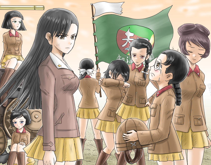 6+girls absurdres arm_around_shoulder asymmetrical_bangs black_eyes black_hair blunt_bangs blunt_ends bob_cut boots braid braided_ponytail brown_eyes brown_footwear brown_hair brown_headwear brown_jacket chi-hatan_(emblem) chi-hatan_military_uniform closed_eyes closed_mouth comforting crying curly_hair emblem flag frown fukuda_haru girls_und_panzer glasses green_eyes hair_over_shoulder hair_pulled_back hair_rings hand_on_own_hip harukai-i helmet highres holding holding_flag holding_helmet hosomi_shizuko ikeda_emi jacket knee_boots kubota_rin long_hair long_sleeves low_ponytail medium_hair military military_uniform military_vehicle miniskirt motor_vehicle multiple_girls nishi_kinuyo nishihara_yasoko on_tank orange_sky pleated_skirt ponytail rimless_eyewear round_eyewear sad short_hair single_braid sitting skirt sky standing straight_hair tamada_tamaki tank tears teramoto_tomiko unworn_headwear unworn_helmet white_flag wind yellow_skirt