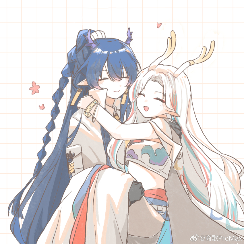 2girls :d =_= ^_^ animal_ears antlers aqua_hair arknights arm_around_neck bandeau blue_hair bracelet braid carrying carrying_person chinese_commentary closed_eyes closed_mouth coat collared_coat commentary_request deer_ears deer_girl dragon_girl dragon_horns earrings grid grid_background hand_on_another&#039;s_shoulder high_collar highres horns jewelry light_blush ling_(arknights) long_hair long_skirt multicolored_hair multiple_girls nine-colored_deer open_mouth pointy_ears princess_carry purple_horns red_hair shang_ge_promax skirt smile streaked_hair very_long_hair watermark weibo_watermark white_background white_bandeau white_coat white_hair white_skirt yuri