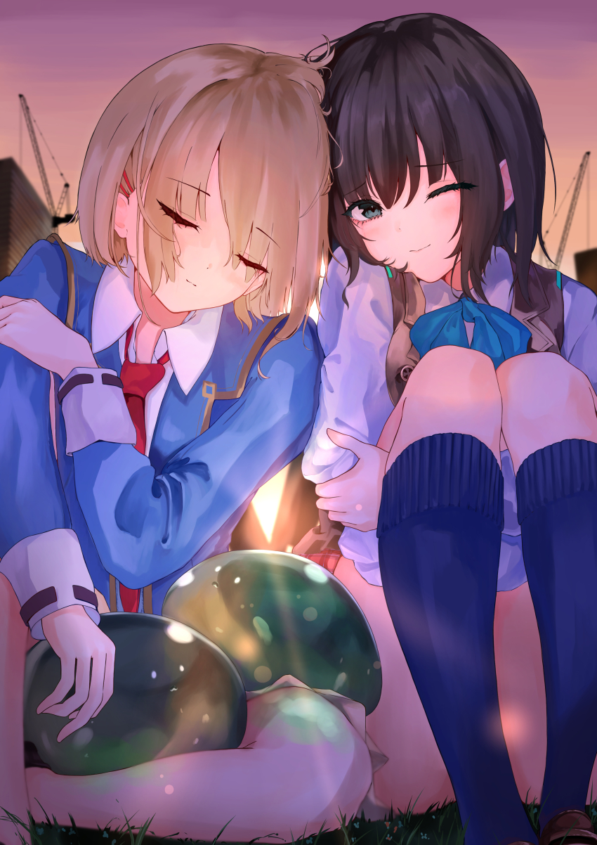2girls absurdres aoi_erika black_hair black_socks blonde_hair blue_bow blue_jacket bow closed_eyes convenient_leg dusk hair_ornament hair_over_one_eye heaven_burns_red highres jacket kayamori_ruka leaning_on_person long_hair long_sleeves multiple_girls narvy_(heaven_burns_red) necktie noname_(user_wkpu7848) one_eye_closed outdoors red_necktie school_uniform shirt short_hair sitting sky socks sunlight vest white_shirt yuri