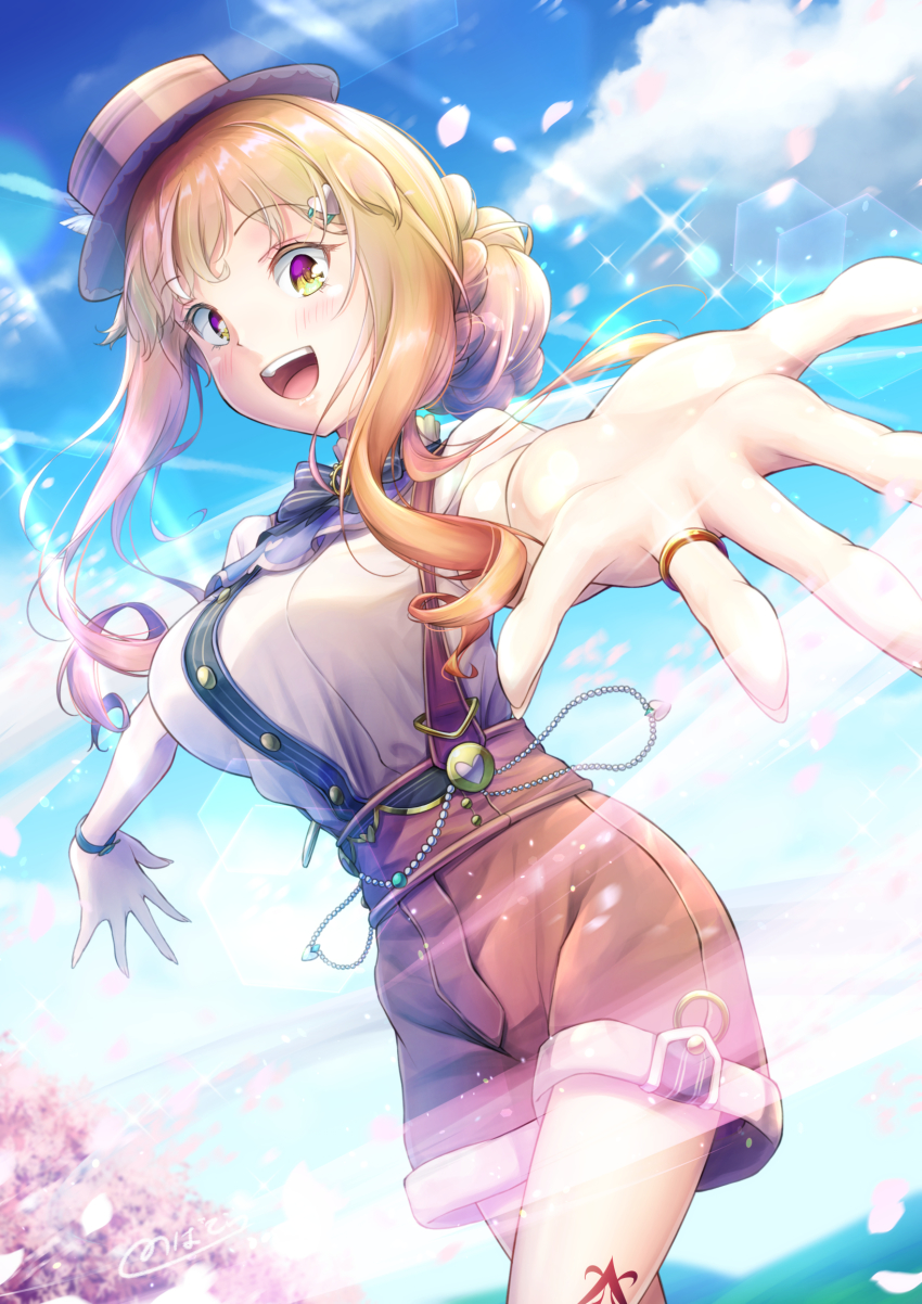 1girl blonde_hair blush breasts female_focus fingernails hair_bun hat highres large_breasts long_fingernails looking_at_viewer natsusora_aona novady open_mouth original sharp_fingernails shiny_skin short_hair_with_long_locks shorts single_hair_bun smile solo tattoo yellow_eyes
