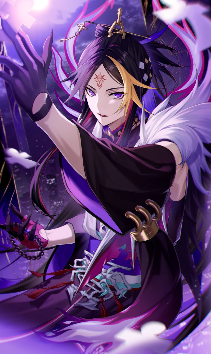 1boy abstract_background belt_buckle black_gloves blonde_hair buckle claws commentary detached_sleeves english_commentary facial_hair facial_mark forehead_mark gloves hand_up highres kawausoman long_hair looking_at_viewer male_focus multicolored_hair nijisanji nijisanji_en parted_bangs pink_gloves purple_background purple_eyes purple_hair red_hair shu_yamino shu_yamino_(2nd_costume) smile solo streaked_hair two-sided_gloves upper_body virtual_youtuber xiao_guan_(headdress)